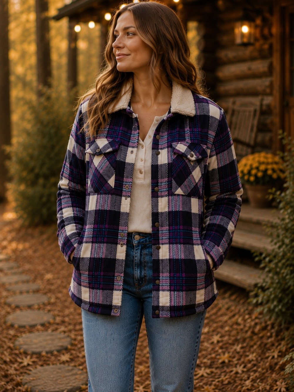 Soho Apparel Purple Plaid Sherpa Lined Shacket Cozy Winter Jacket Medium‎